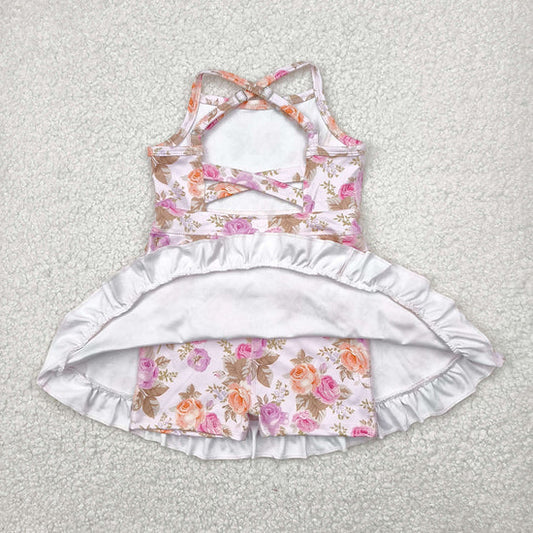 Baby Girls Peach Strap Floral Yoga Ruffle Knee Length Dresses