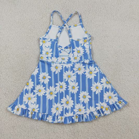 GSD2283 Flowers Blue Stripes Print Girls Summer Strap Shorts Ruffle Knee Length Yoga Dress