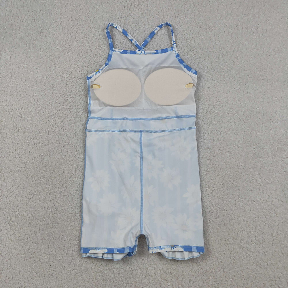 GSD2283 Flowers Blue Stripes Print Girls Summer Strap Shorts Ruffle Knee Length Yoga Dress
