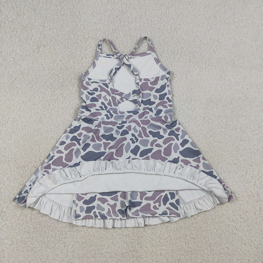GSD2308 Grey Camo Print Girls Summer Strap Shorts Ruffle Knee Length Yoga Dress