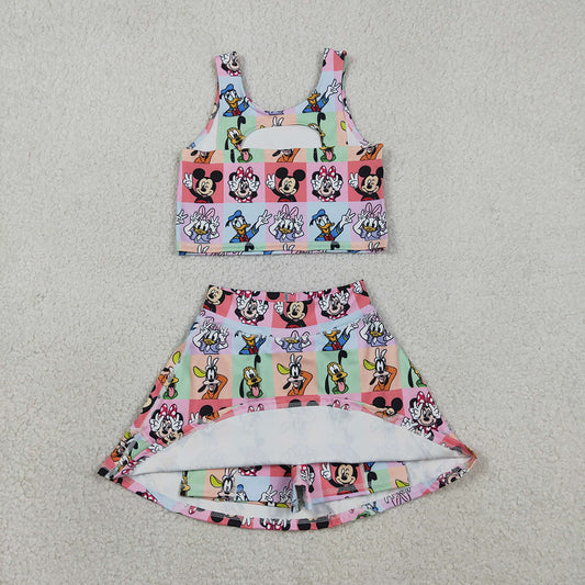 GSD2333 Cartoon Mouse Plaid Tank Top Skirts Shorts Girls Summer Yoga Clothes Set