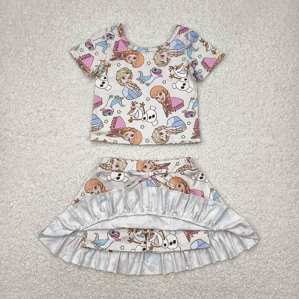 GSD2358 Cartoon Princess Crop Top Skirts Shorts Girls Summer Clothes Set