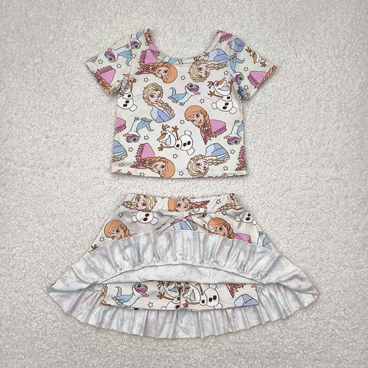 GSD2358 Cartoon Princess Crop Top Skirts Shorts Girls Summer Clothes Set