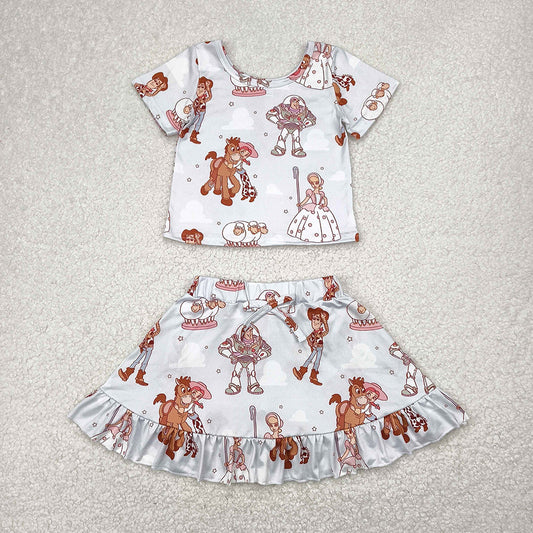 Sibling Baby Girls Cartoon Short Sleeve Top with Skirt Outfit