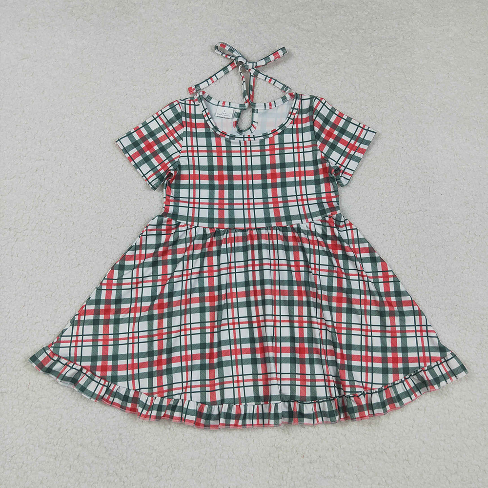 GSD2613 Red Green Checkered Print Girls Christmas Knee Length Ruffle Dress