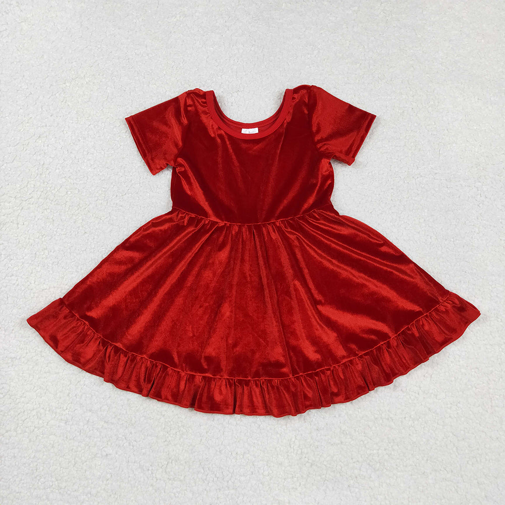 GSD2614 Red Velvet Girls Christmas Knee Length Ruffle Dress