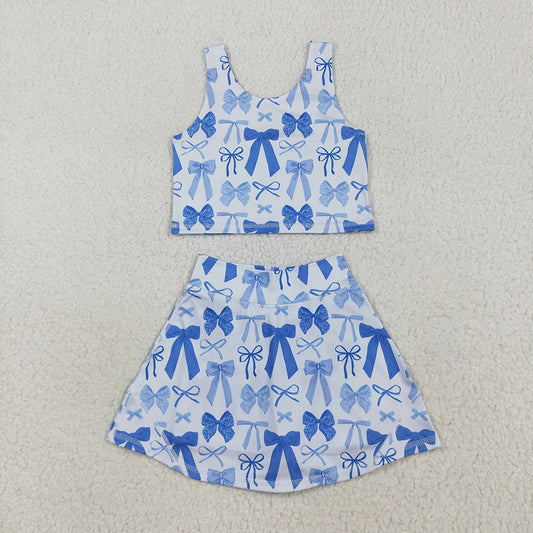 GSD2640 Blue Bows Tank Top Skirts Shorts Girls Yoga Clothes Set