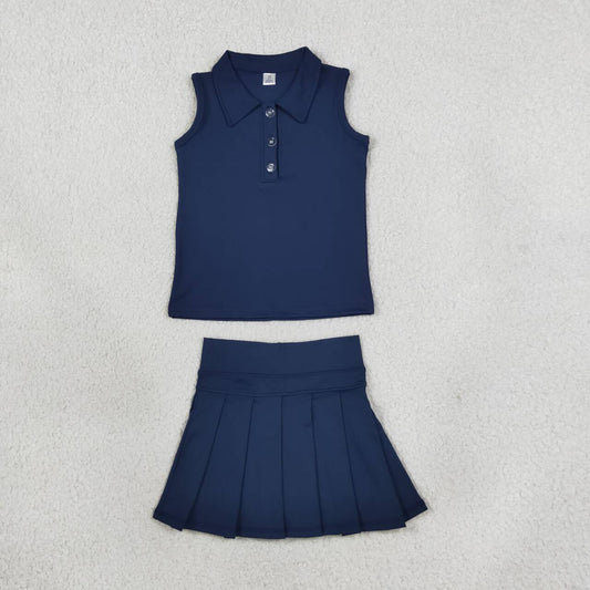 GSD2796 Navy Sleeveless Polo Top Pleated Skort Girls Yoga Clothes Set