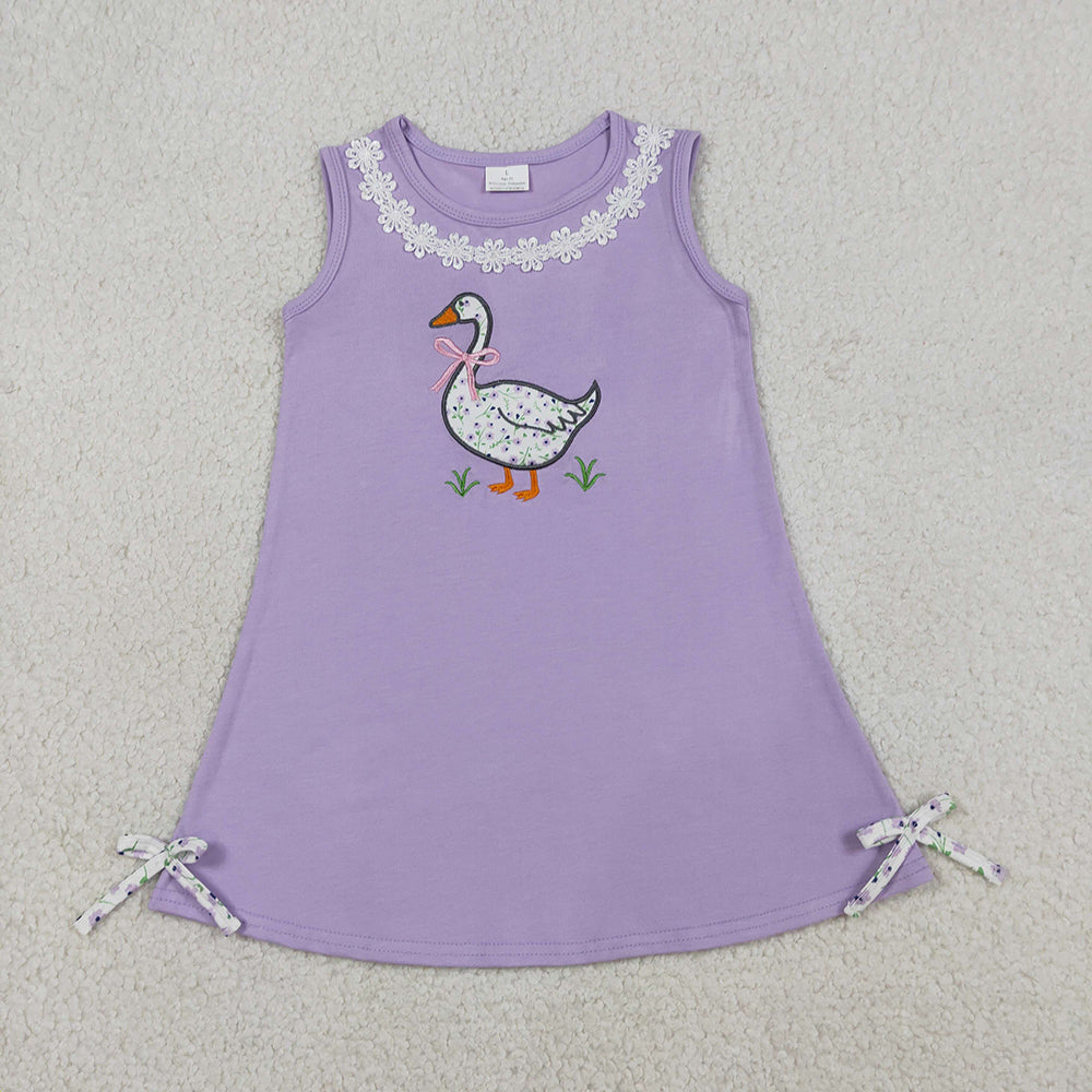 GSD2942 Goose Embroidery Floral Lavender Girls Summer Sleeveless Knee Length Dress