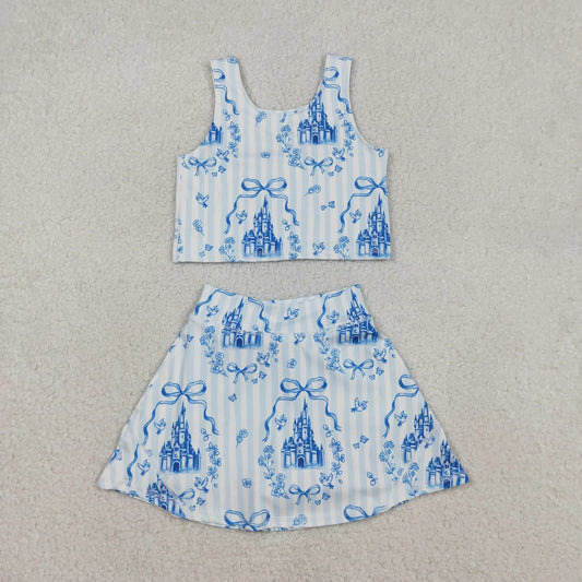 Sibling Baby Girls Sleeveless Bows Castles Vest Skirt Shorts Yoga Active Clothes Sets