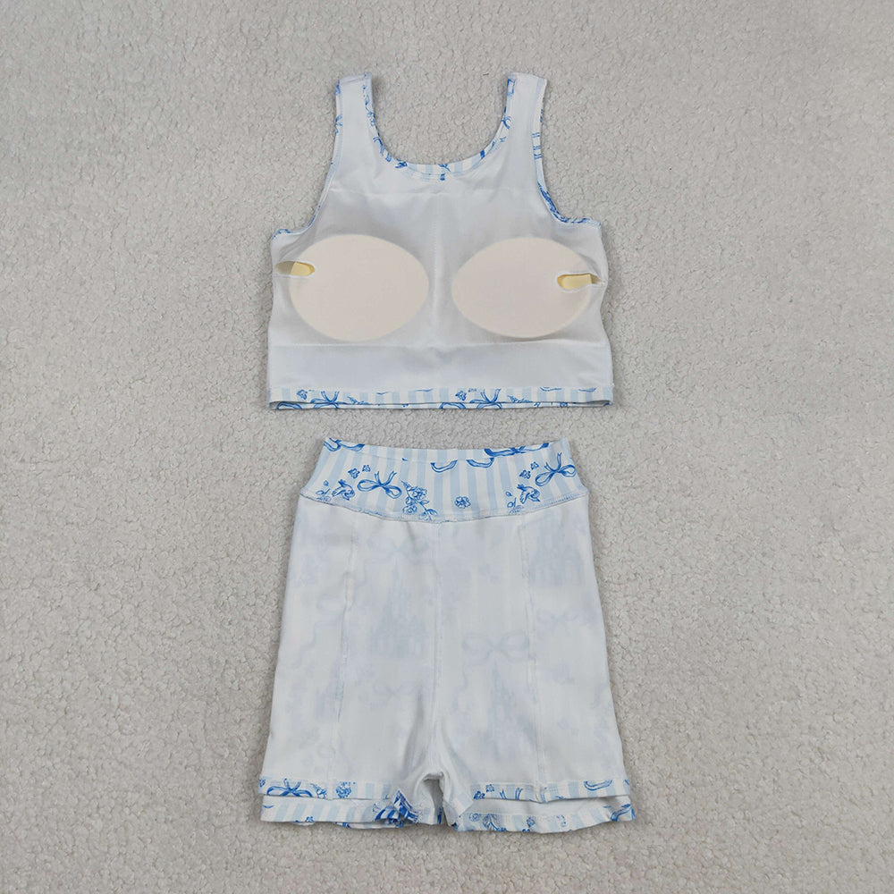 GSD3067 Castle Flowers Bows Blue Tank Top Skirts Shorts Girls Yoga Clothes Set