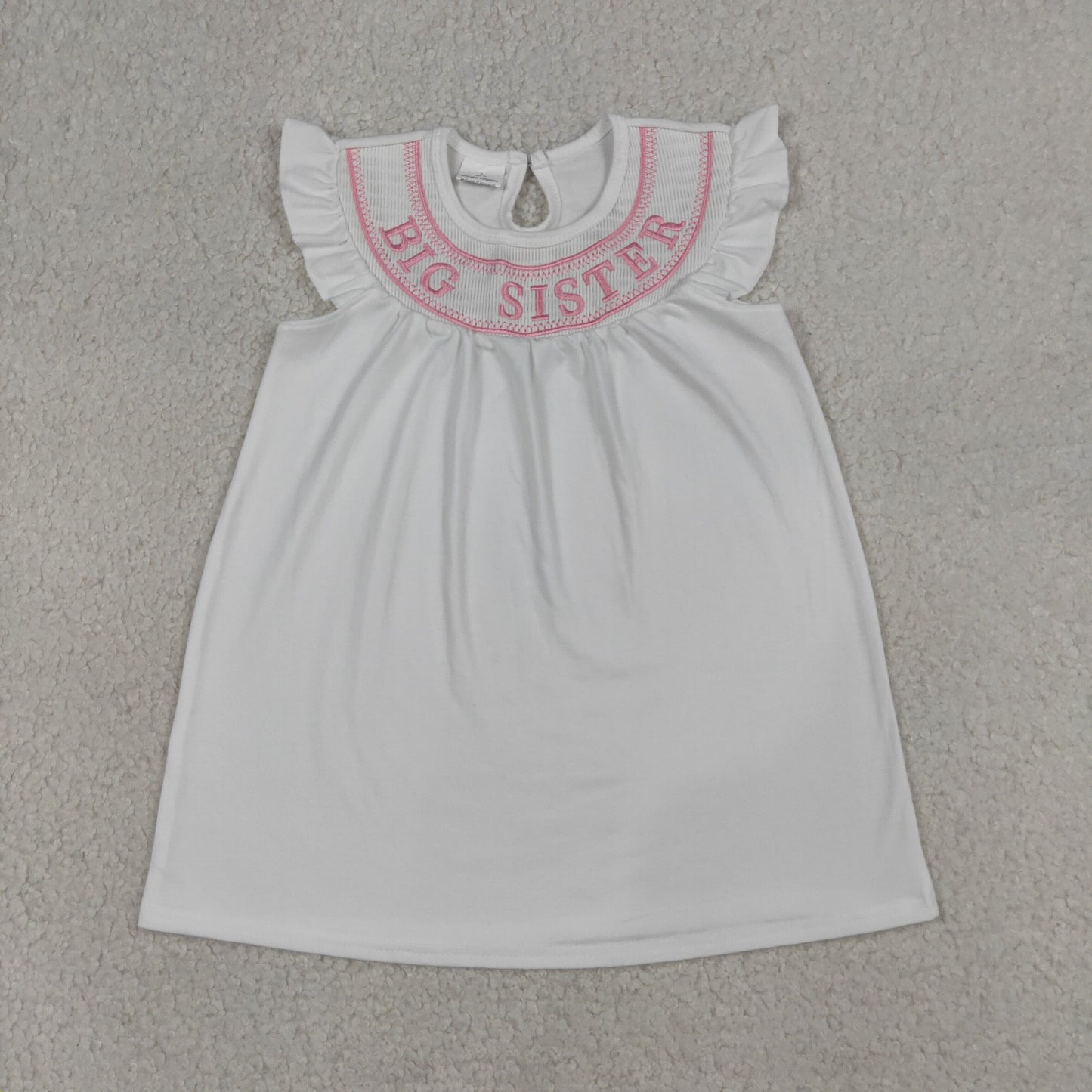 Embroidery Big Sister White Smocked Knee Length Dress