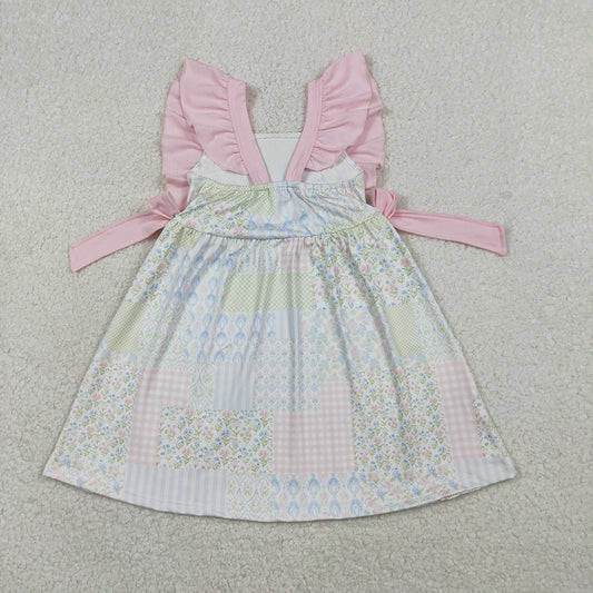 GSD3249 Small Flowers Plaid Print Girls Summer Ruffle Knee Length Dress
