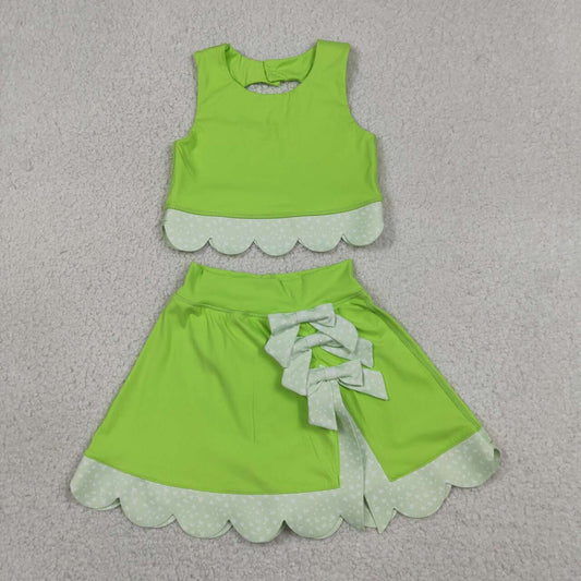 GSD3322 Lime Tank Top Bows Skort Girls Scallop Yoga Clothes Set