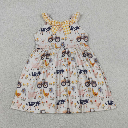 Farm Animals Tractor Print Girls Sleeveless Summer Knee Length Dress