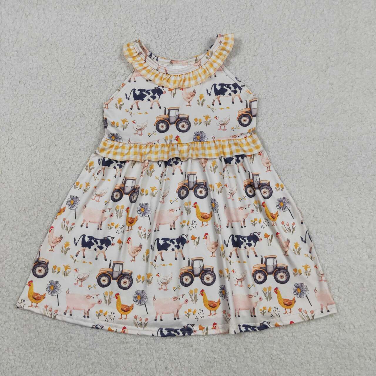 Farm Animals Tractor Print Girls Sleeveless Summer Knee Length Dress