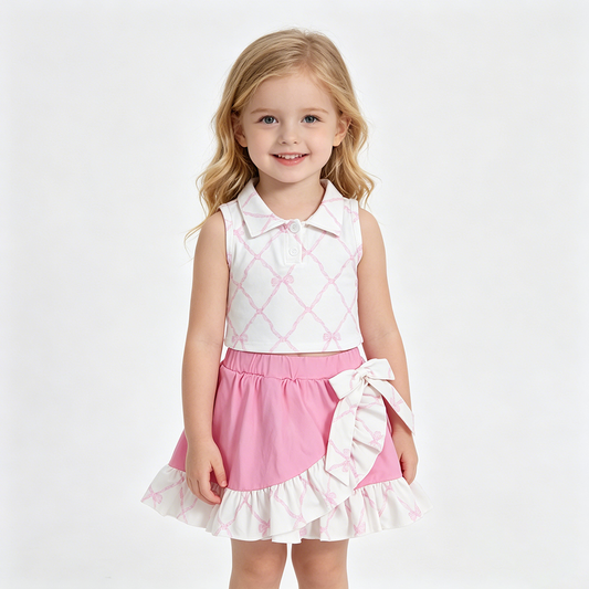 GSD3479 Bows Sleeveless Crop Top Pink Ruffle Shorts Skirts Yoga Sets Baby Girls Active Wear