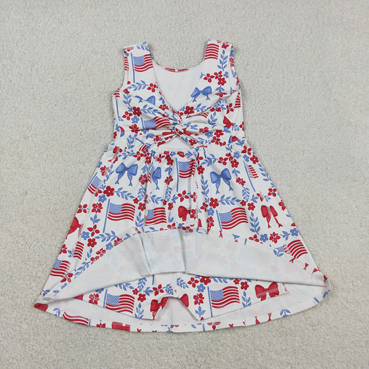 GSD3500 Flag Flowers Bows Print Girls 4th of July Knee Length Yoga Dress