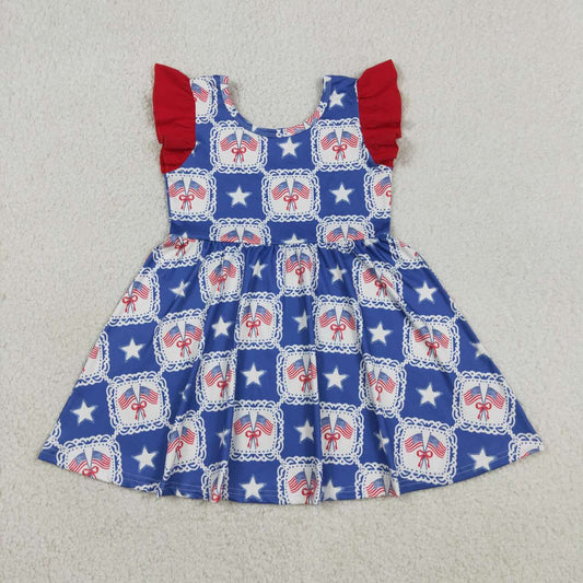 GSD3514 Blue Flag & Star Bow Flutter Sleeve 4th of July Dress - Girls