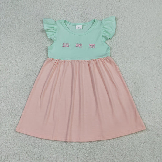 GSD3530 Girls’ Pink & Green Bow Embroidery Flutter Sleeve Dress