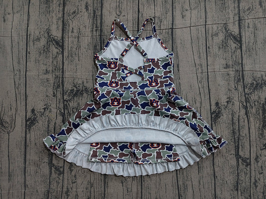 Preorder GSD3588 Teams Auburn Camo Print Girls Summer Strap Shorts Ruffle Knee Length Yoga Dress