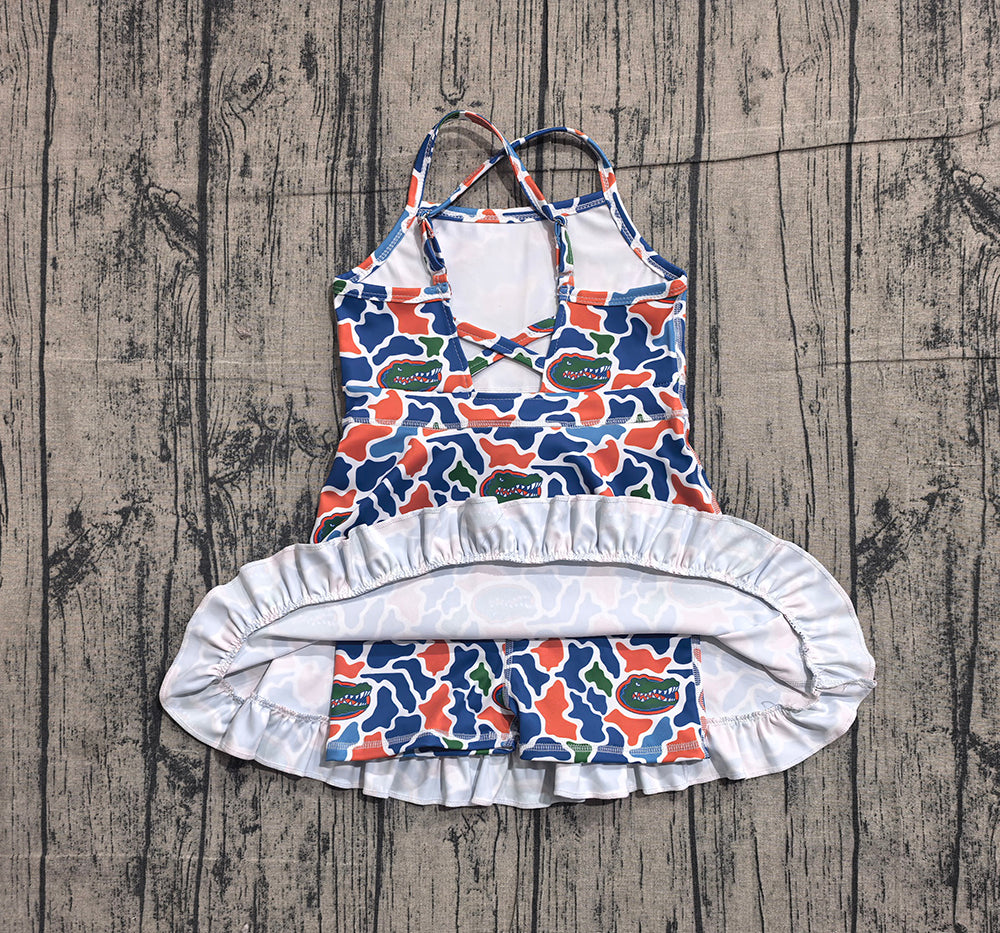 Preorder GSD3589 Teams Florida Camo Print Girls Summer Strap Shorts Ruffle Knee Length Yoga Dress