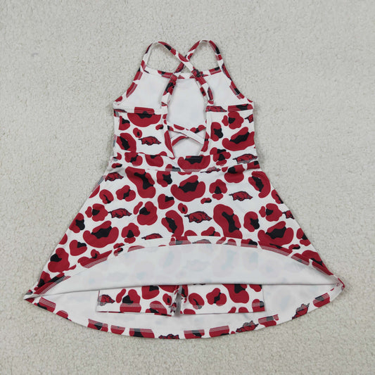 GSD3636 Teams Arkansas Leopard Print Girls Summer Strap Shorts Ruffle Knee Length Yoga Dress