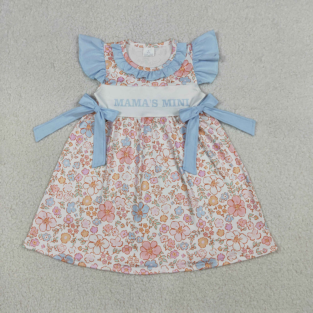GSD3648 Mama’s Mini Colorful Floral Flutter Sleeve Girls’ Dress with Blue Bow