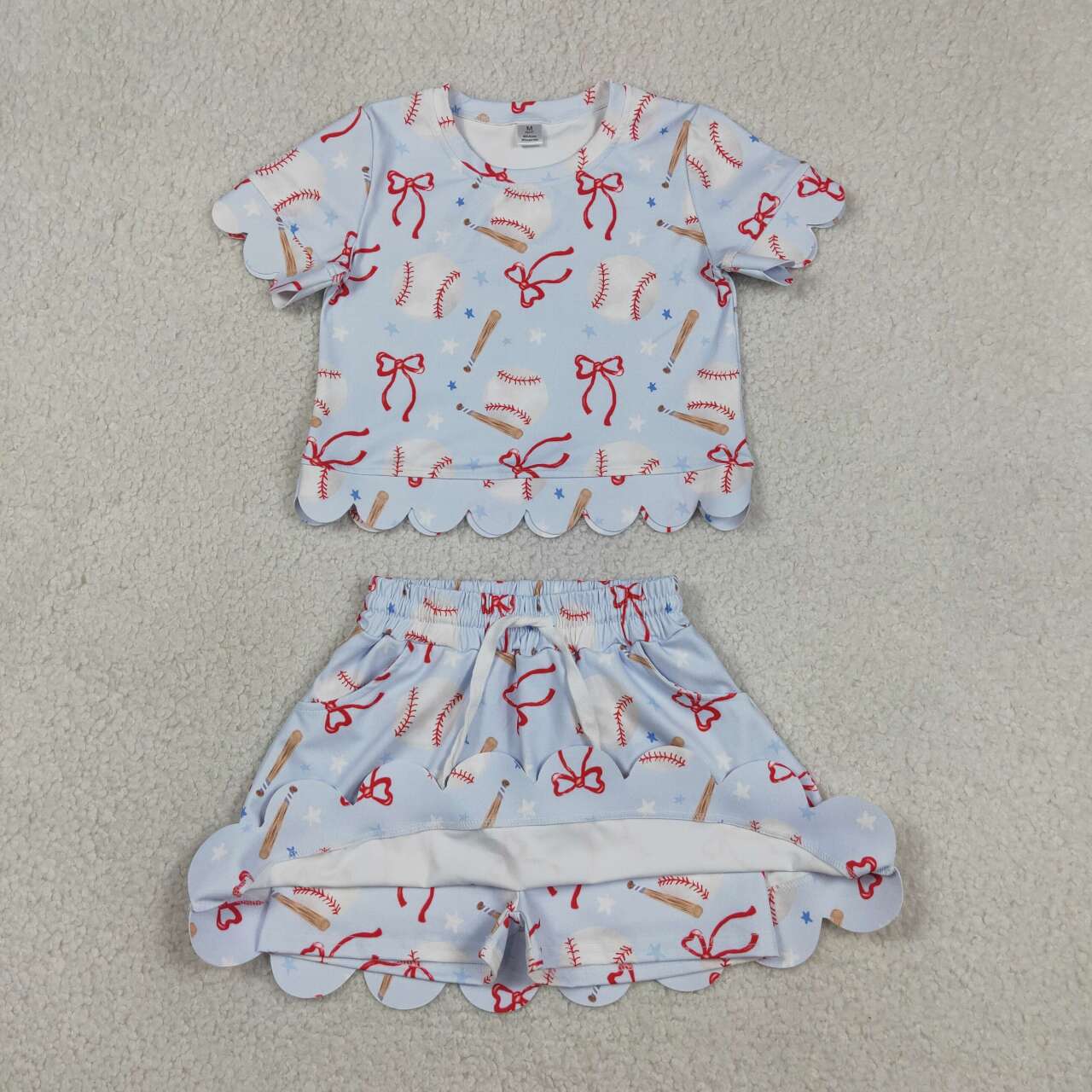GSD3656 Baseball Bows Stars Top Skirts Shorts Girls Summer Scallop Yoga Clothes Set