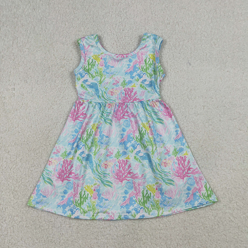 Colorful Seaweed Mermaid Print Girls Summer Clothes Sibling Matching Wear