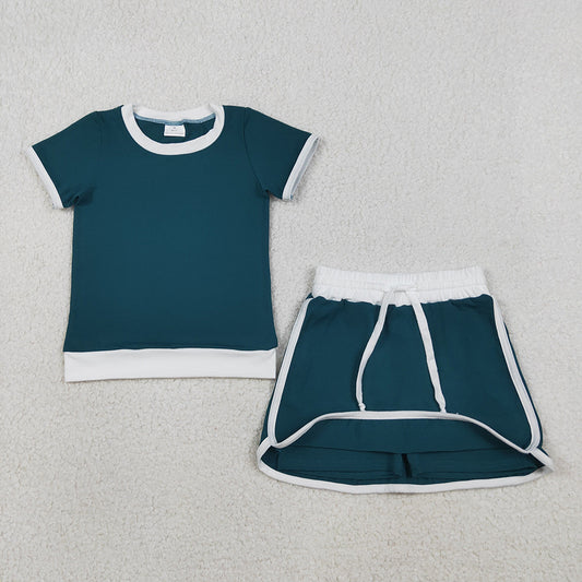GSD3670 Green & White Cotton Tee & Skirt Set - Girls