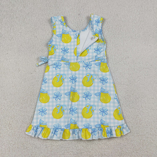 GSD3684 Lemon Bows Plaid Print Girls Sleeveless Shorts Knee Length Yoga Dress
