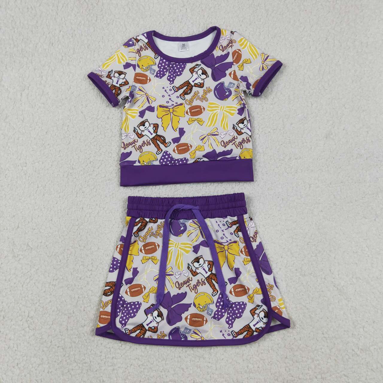 GSD3695 Football Teams Tigers Bows Tee & Skirts Shorts Yoga Sets Baby Girls Active Wear