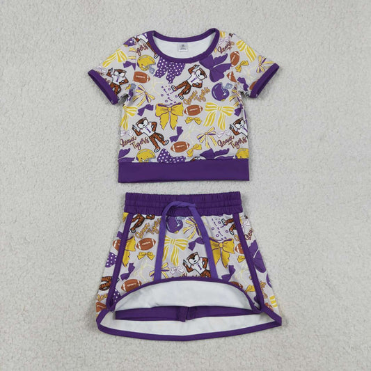 GSD3695 Football Teams Tigers Bows Tee & Skirts Shorts Yoga Sets Baby Girls Active Wear