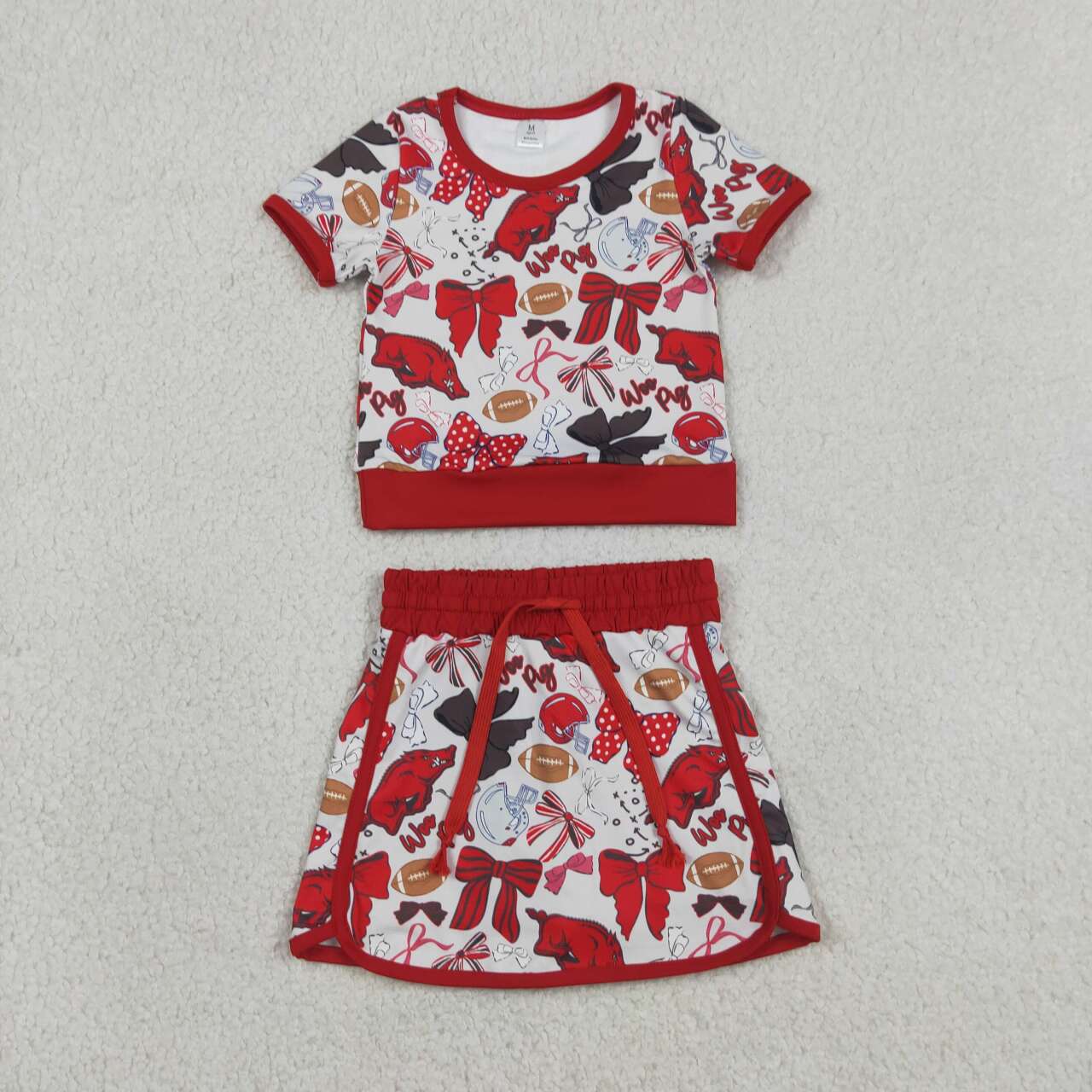 GSD3696 Football Teams Arkansas Bows Tee & Skirts Shorts Yoga Sets Baby Girls Active Wear