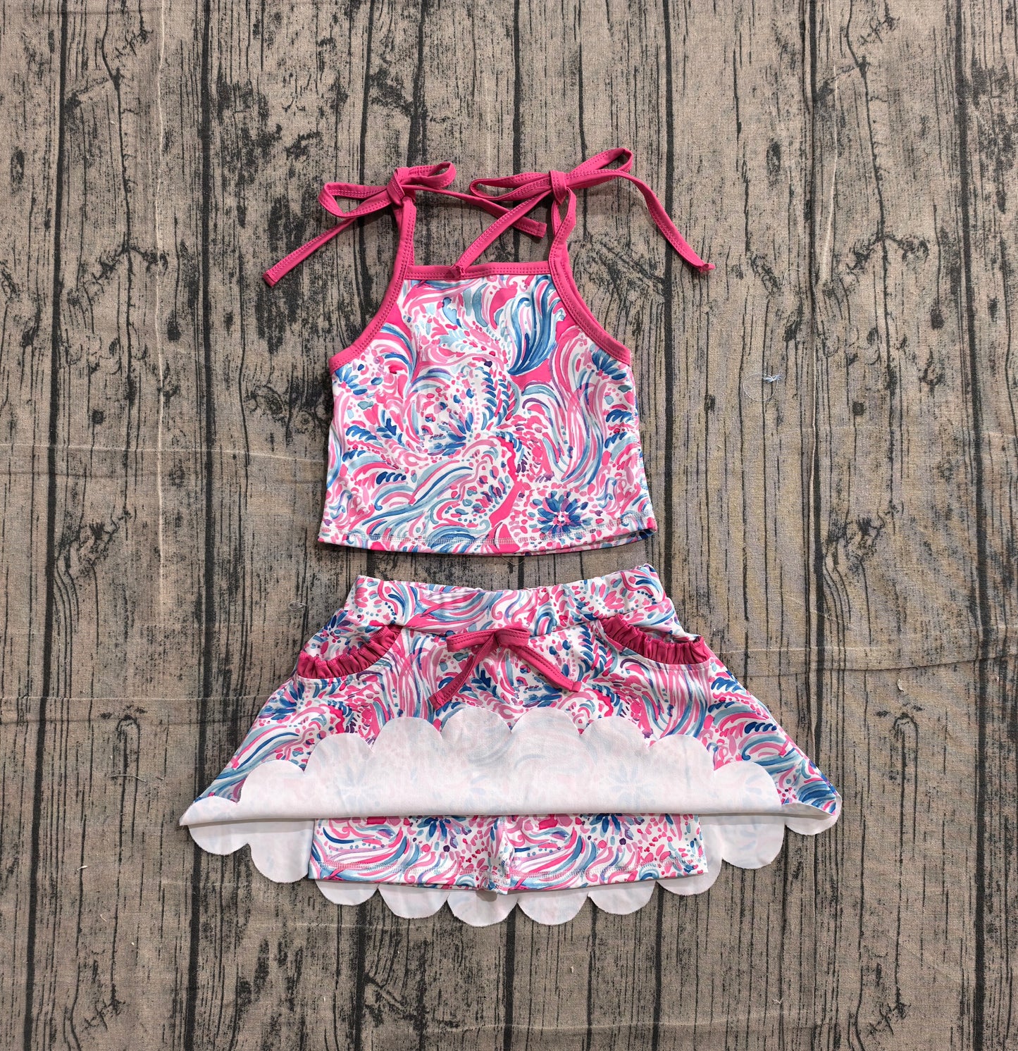 Preorder GSD3728 Hot Pink Seaweed Strap Tank Top Pockets Skirts Shorts Girls Summer Yoga Clothes Set