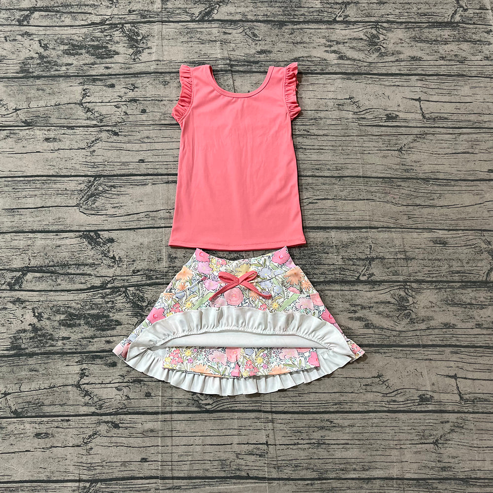 GSD3772 Preorder Pink Vest Top Flowers Skirts Girls Summer Yoga Clothes Set