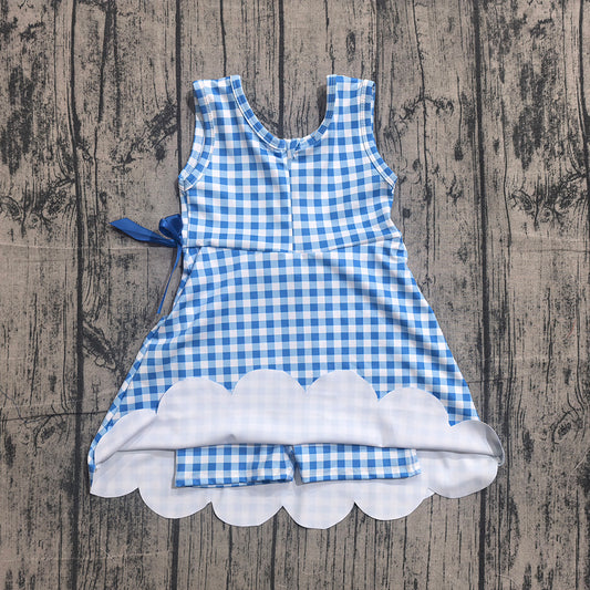 Preorder GSD3778 Blue Plaid Print Girls Bows Scallop Yoga Dress