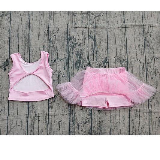 GSD3806 Baby Girls Pink Tank Backless Top Tulle Skirt Shorts Yoga Active Clothes Set Preorder
