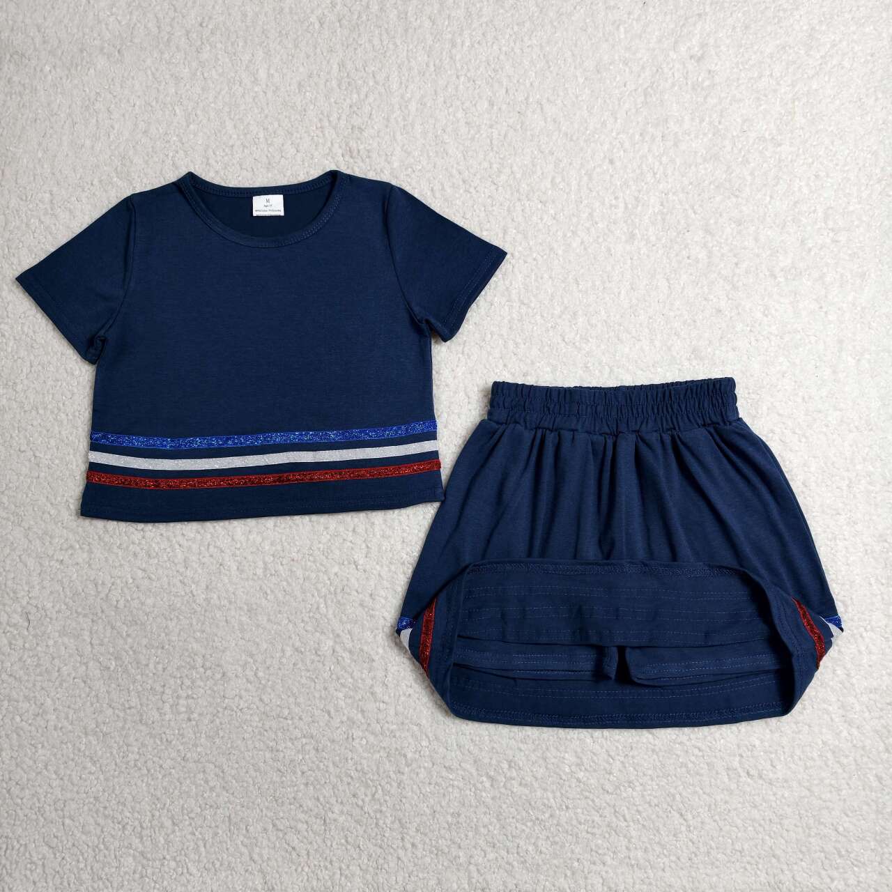 GSD3811 Navy Cotton Outfits - Sequin Stripe Crop Top & Skort Girls Summer Clothes Set