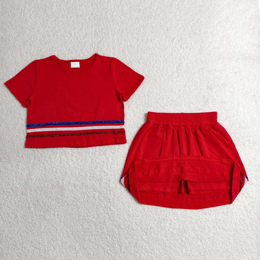 4 Colors Cotton Girls Summer Outfits - Sequin Stripe Crop Top & Skort Sisters Wear Clothes Set