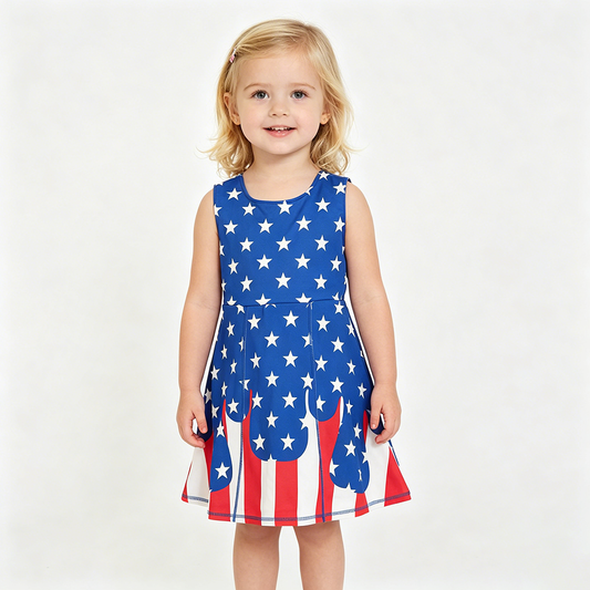 GSD3813 Stars StripesDrip Girls 4th of July Shorts Knee Length Yoga Dress