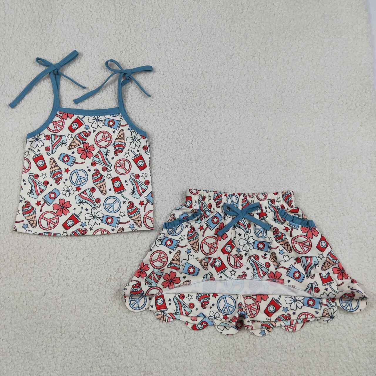 GSD3827 Coffee Ice Cream Strap Top Scallop Edge Skort Girls 4th of July Clothes Set