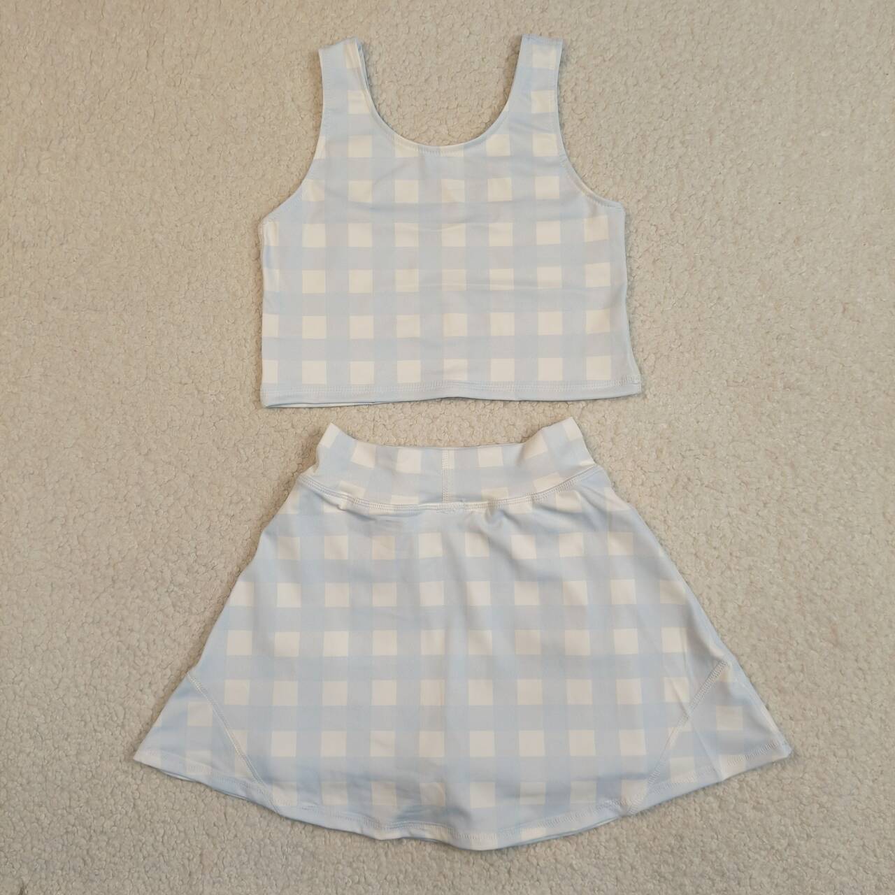 Baby Girls Blue Checked Active Outfits Yoga Tank With Short Skirts Set