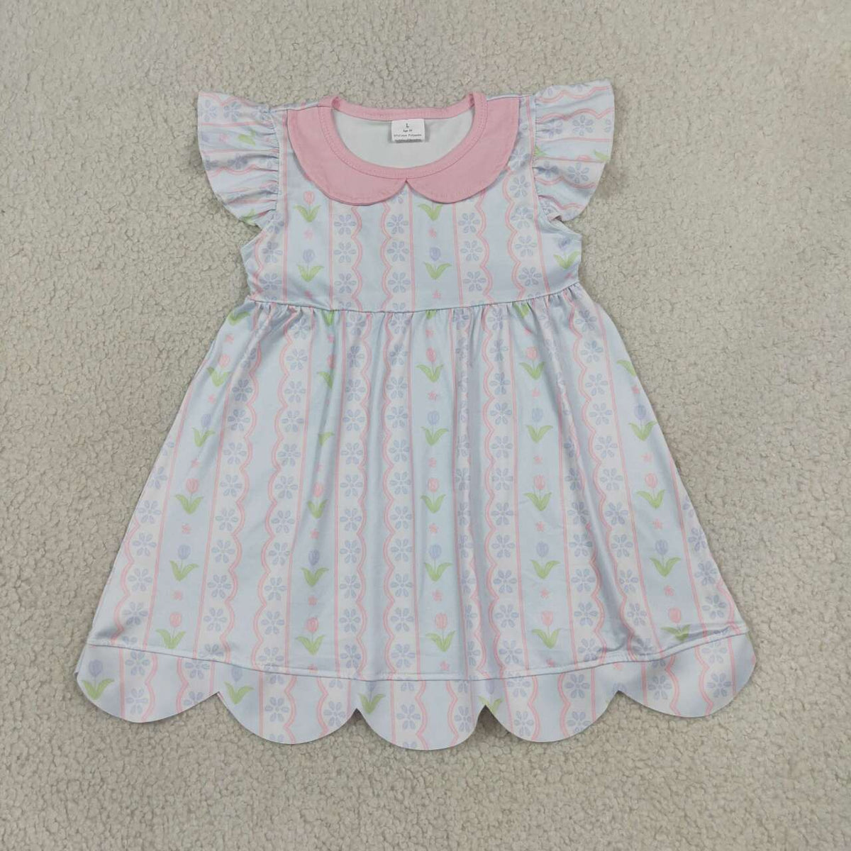 GSD3867 Flowers Print Girls Doll Collar Flutter Sleeve Scallop Dress