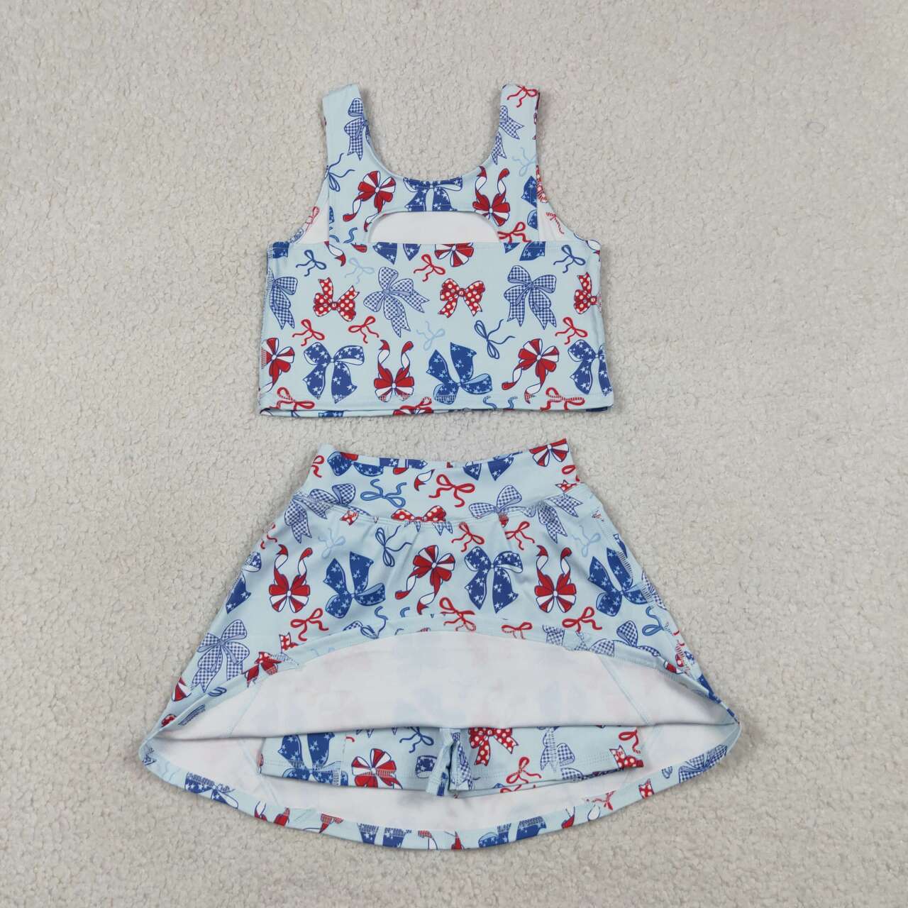 GSD3874 Red Blue Bows Tank Top Skort Girls 4th of July Yoga Clothes Set