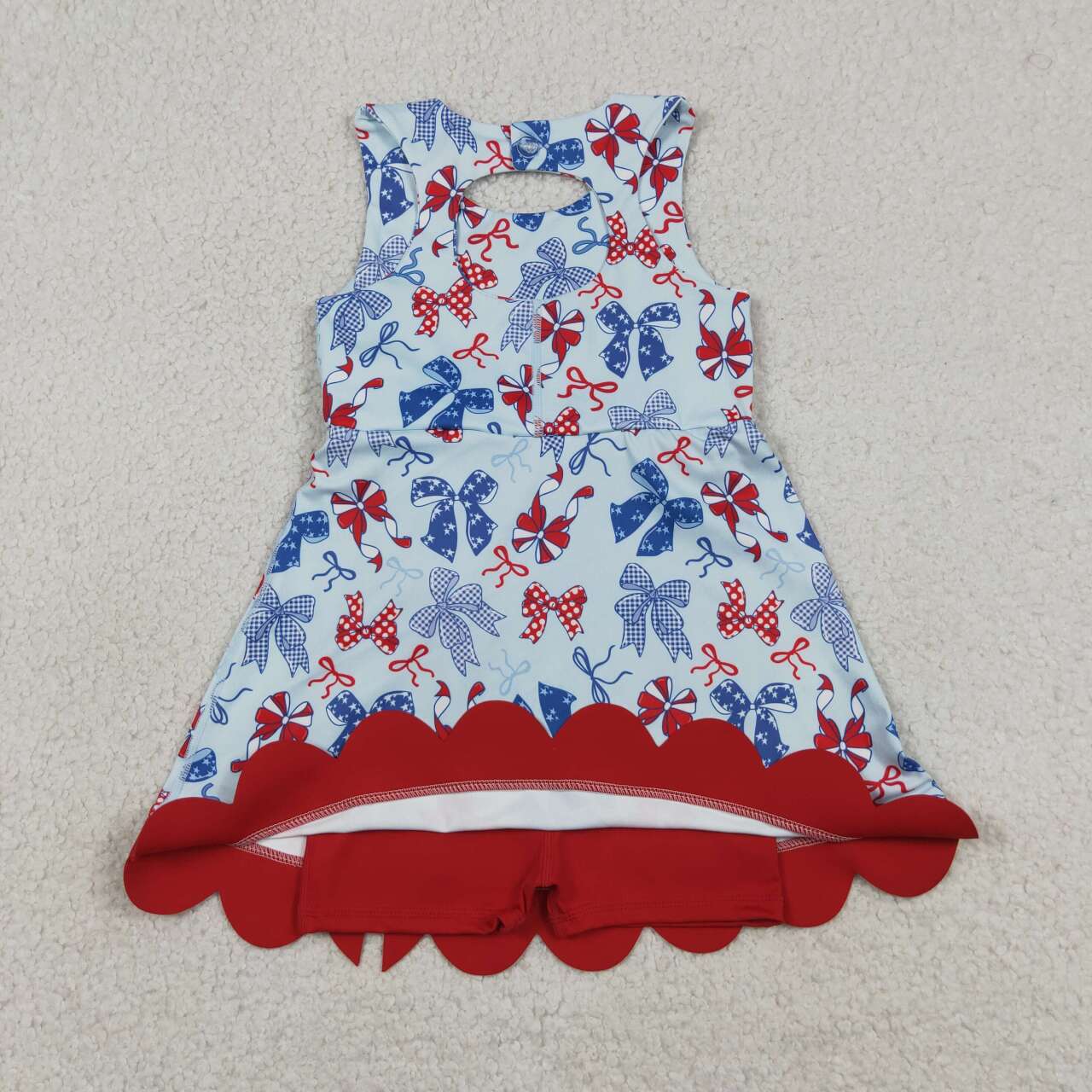 GSD3875 Red Blue Bows Girls 4th of July Shorts Knee Length Yoga Scallop Dress