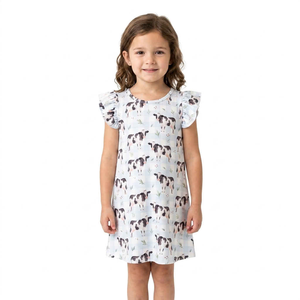 GSD3895 Cows Checkered Print Girls Flutter Sleeve Knee Length Summer Dress
