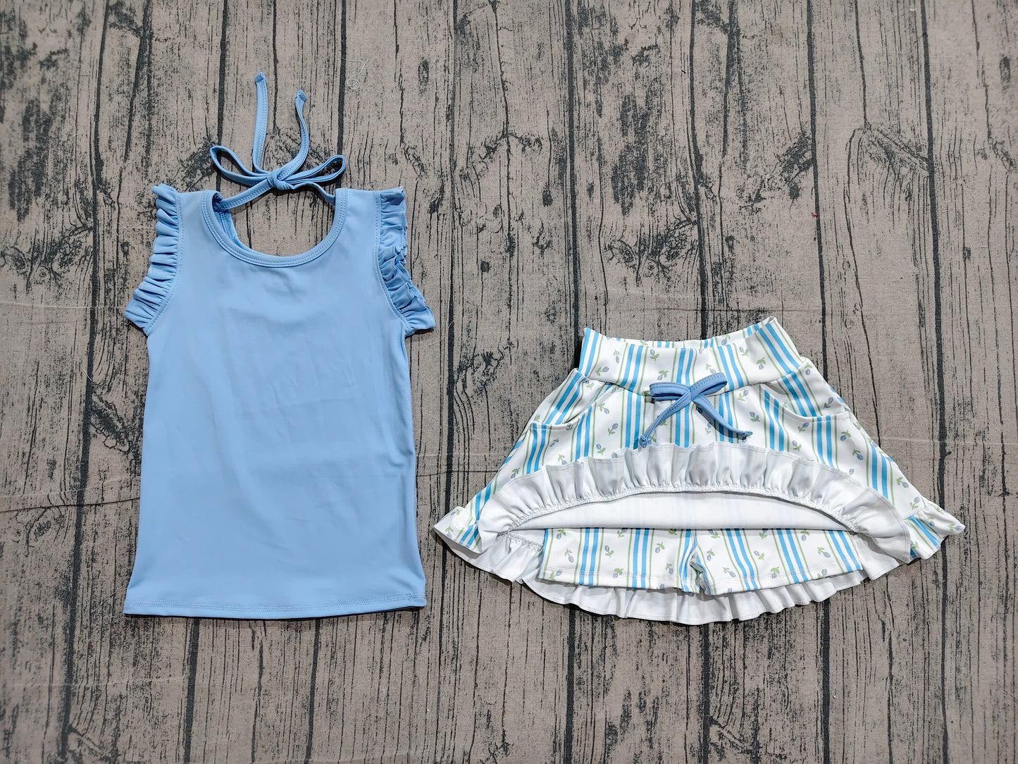 Baby Girls Scallop Sleeveless Top Flowers Stripe Skirt Shorts Yoga Active Clothes Set Preorder