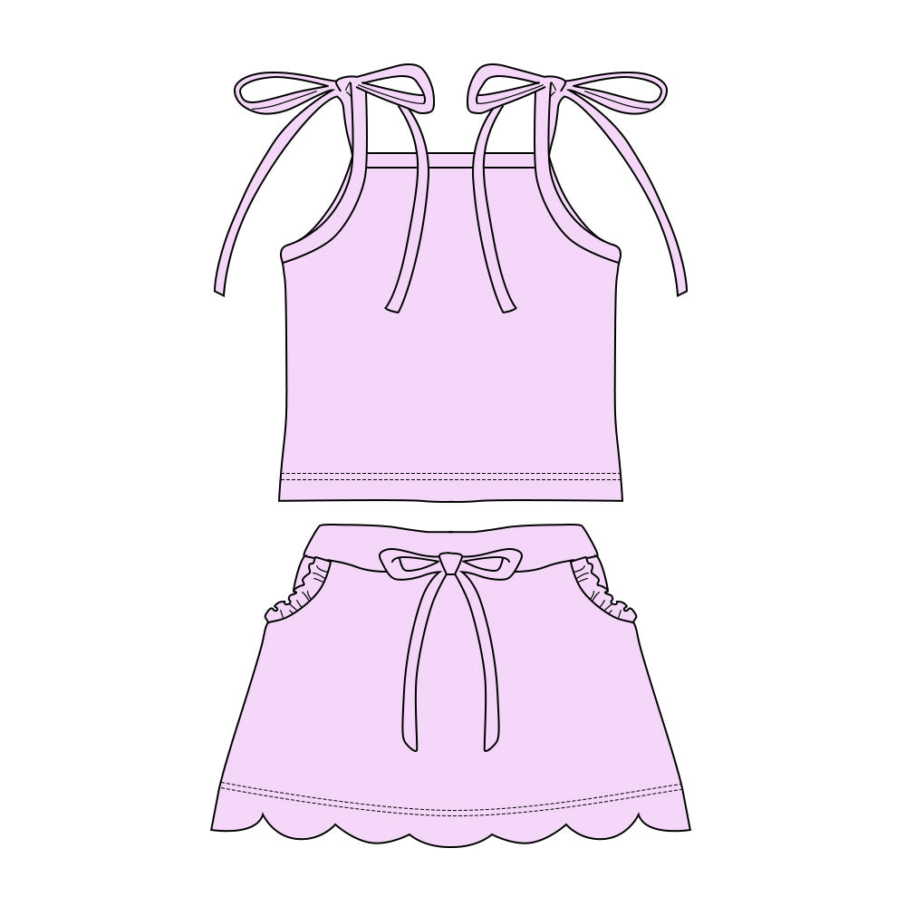 3.11 GSD3907 Preorder Lavender Strap Top Scallop Pockets Skirt Girls Summer Clothes Set